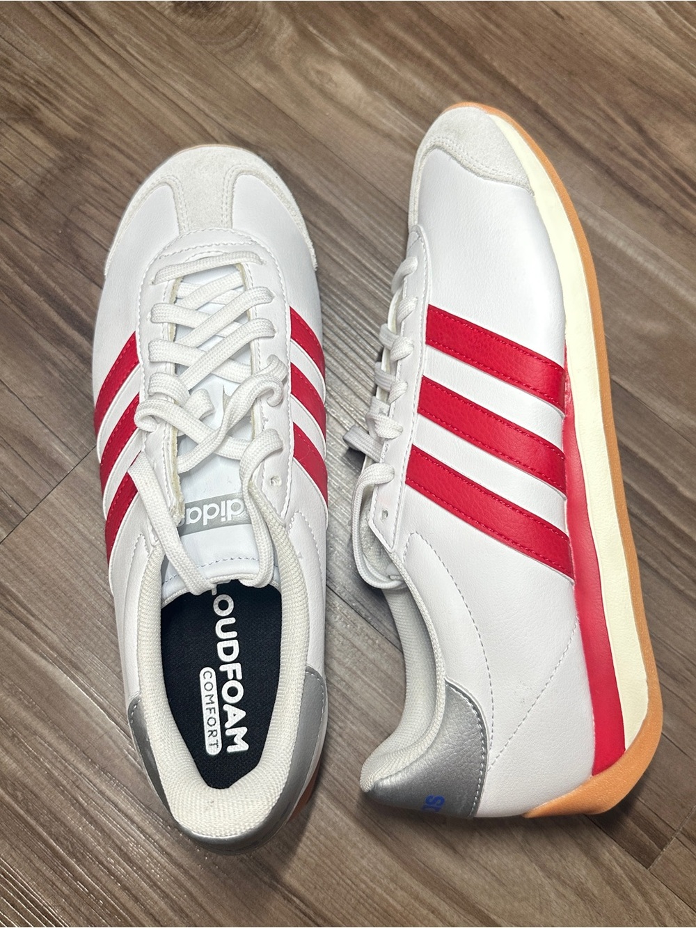 Adidas Men's White with Red Stripes Cloudfoam Comfort Sneaker - Picture 1 of 6